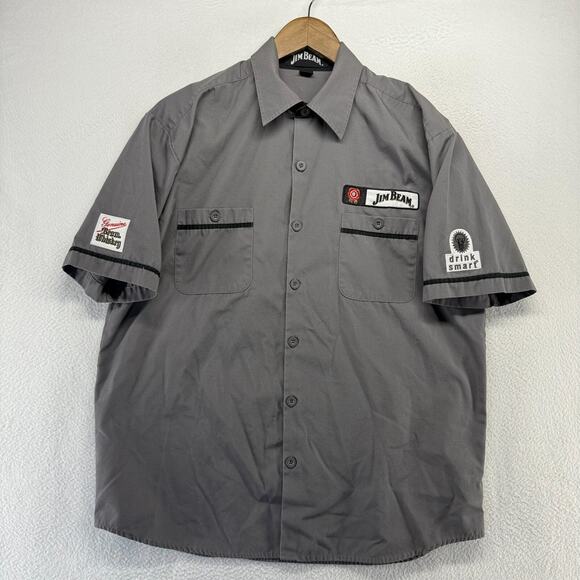 Jim Beam Shirt Men's Medium Gray Whiskey Mechanic Patches Embroidered Work Logo - Picture 1 of 9